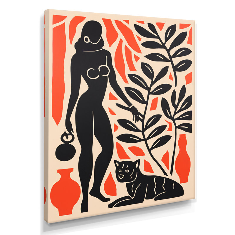 «Retro African Woman with Black Cat Botanical», reproduction d'art mural africain, Toile tendue, H 40 po x l 30 po