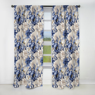 Victorian Blue And White Flowers Damask III - Damask Curtain - Blackout Curtain - 1 Panels