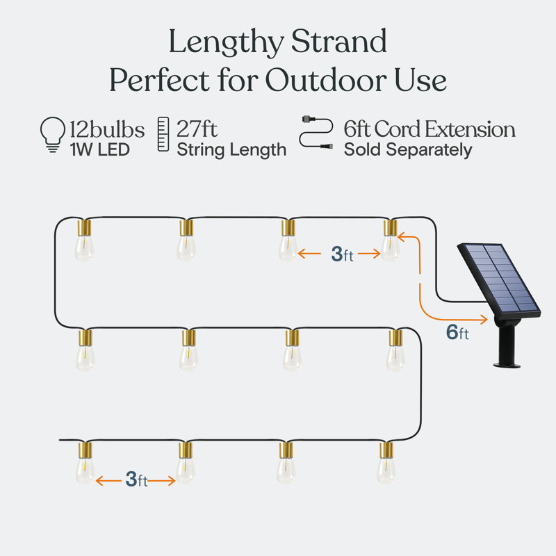 Ambience Glow 28 ft. Outdoor Solar LED String Lights with 12 Warm White S14 Bulbs, Brass Sockets, Weatherproof, Commercial-Grade Cord