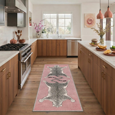 Tapis de couloir rose / noir lavable à la machine avec envers antidérapant