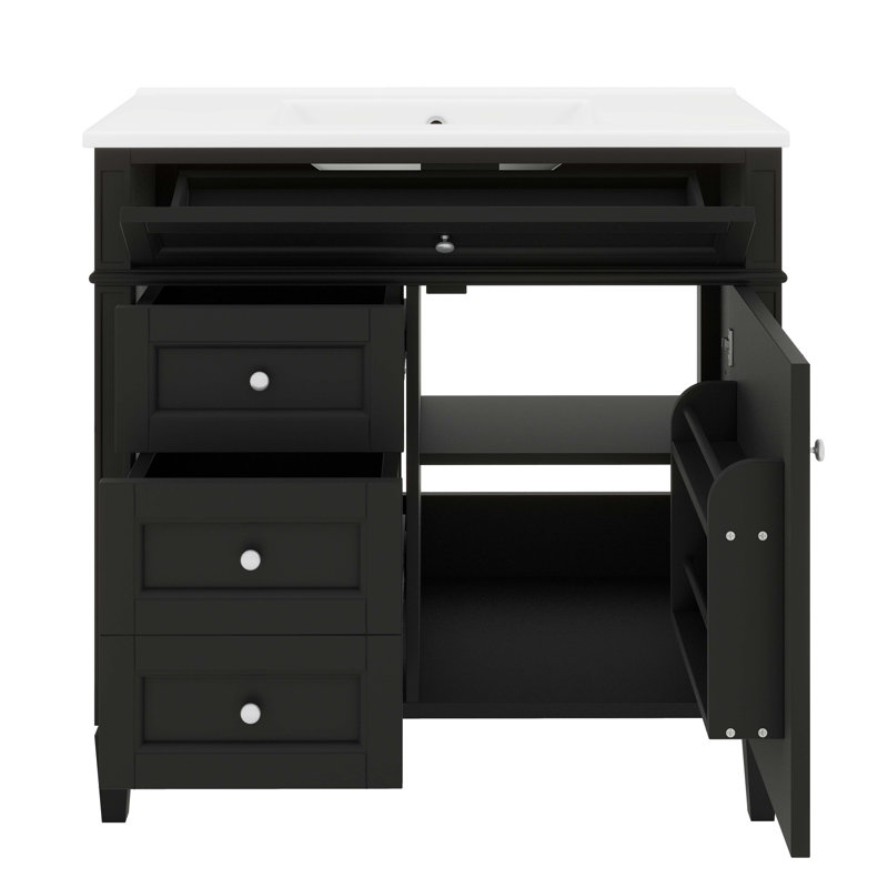 Meuble-lavabo de 36 pouces avec lavabo sur le dessus, armoire de rangement moderne, 2 tiroirs et tiroir supplémentaire, Noir
