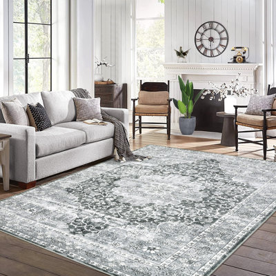 Oriental Machine Washable Rug with Rubber Backing for Living Room Floral Non-Slip Area Rug Vintage Indoor Carpet Non-Shedding Rug for Bedroom Dining Room Hallway Kitchen Office Playroom Nursery