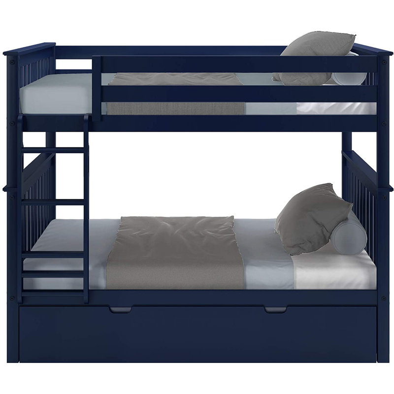 Lit superposé simple au-dessus de simple en bois massif avec lit gigogne Aileana, Double sur double, Bleu