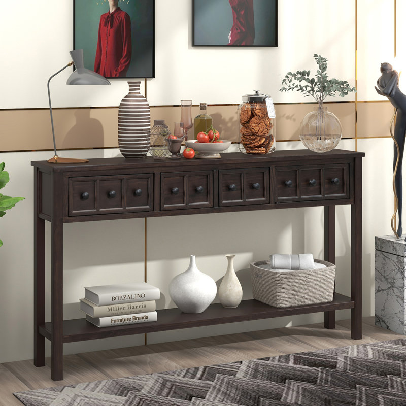 Entryway Console Table, 60" Long Sofa Table With Two Different Size Drawers And Bottom Shelf, Espresso, 34" H x 60" W x 11" D