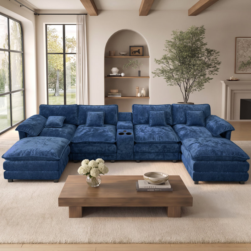 Canapé modulaire en U surdimensionné en chenille avec double console USB et repose-pieds, Dark Blue Chenille