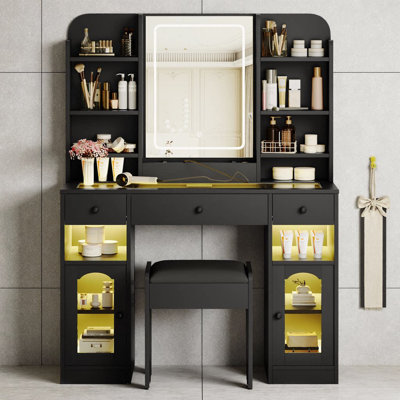43.2" Vanity Desk with RGB LED Mirror & Glass Light Cabinets | Glass Top Dressing Table with 3 Drawers, Storage Shelves & Stool | Smart App‑Controlled Mood Lighting