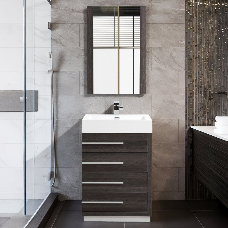 Manders 24'' Free-standing Single Bathroom Vanity with Acrylic Sink and Mirror, Dark Oak
