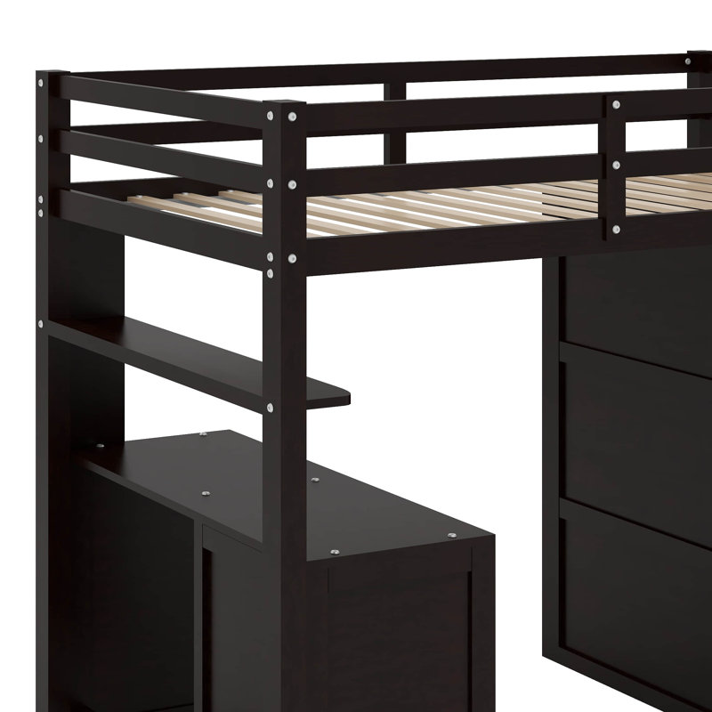 Lit mezzanine double avec tiroirs, bureau et garde-robe, Espresso