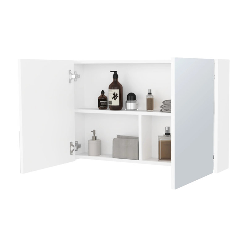 Armoire à pharmacie de salle de bain blanche avec 2 portes et miroirs, 3 tablettes de rangement, blanc moderne et éclat intérieur