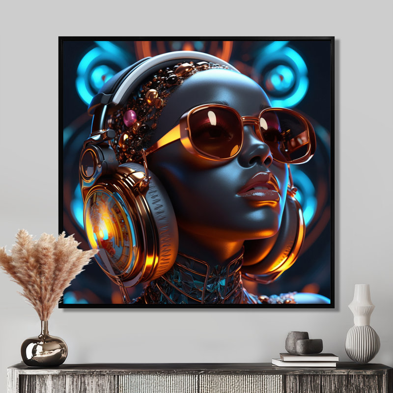 «Cool Afro DJ», reproduction d'art mural, H 30 po x l 30 po x P 1 po, Toile avec cadre flottant noir