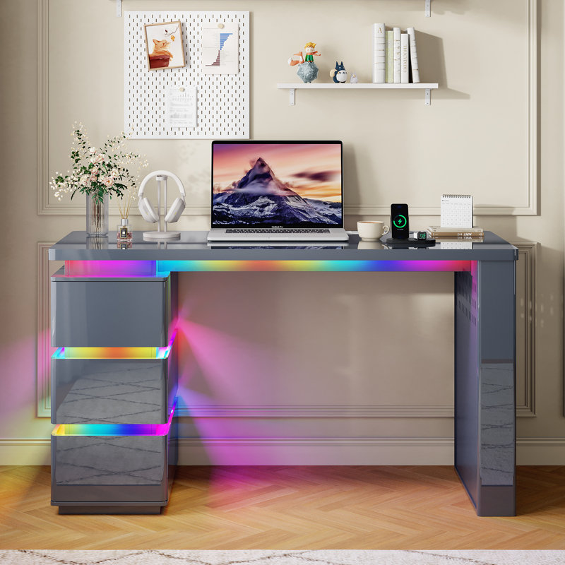 MDF Computer Desk with Built-In Electrical Outlet, Grey