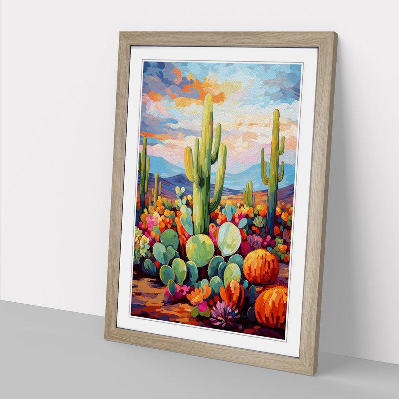 Cactus Impressionism Art - Framed Print, 34cm H x 25cm W x 2cm D, Oak Framed