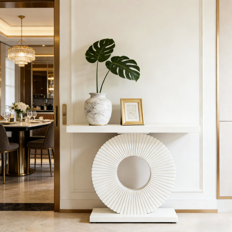 Console élégante avec design en forme de fleur, 39,4 pouces de long, table d'entrée polyvalente de 1,57 po d'épaisseur, couleur blanche, bois d'ingénierie, profondeur du produit, convient aux objets de collection
