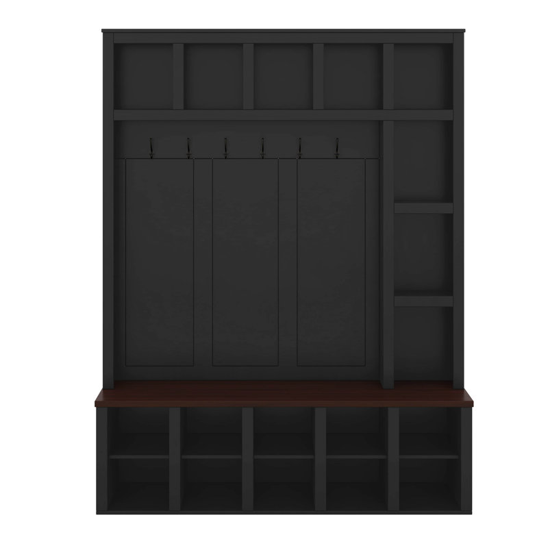 4-In-1 Hall Tree With 6 Hooks, Walnut Entryway Bench With Adjustable Shelves, Rustic Shoe Organizer With Open Compartments
