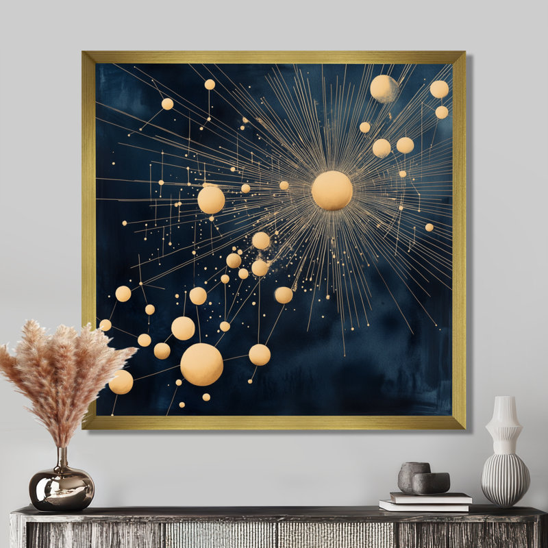 Tableau encadré « Or et Bleu Mod Constellation Burst III » - Étoiles, H 24 po x l 24 po, Gold Picture Framed