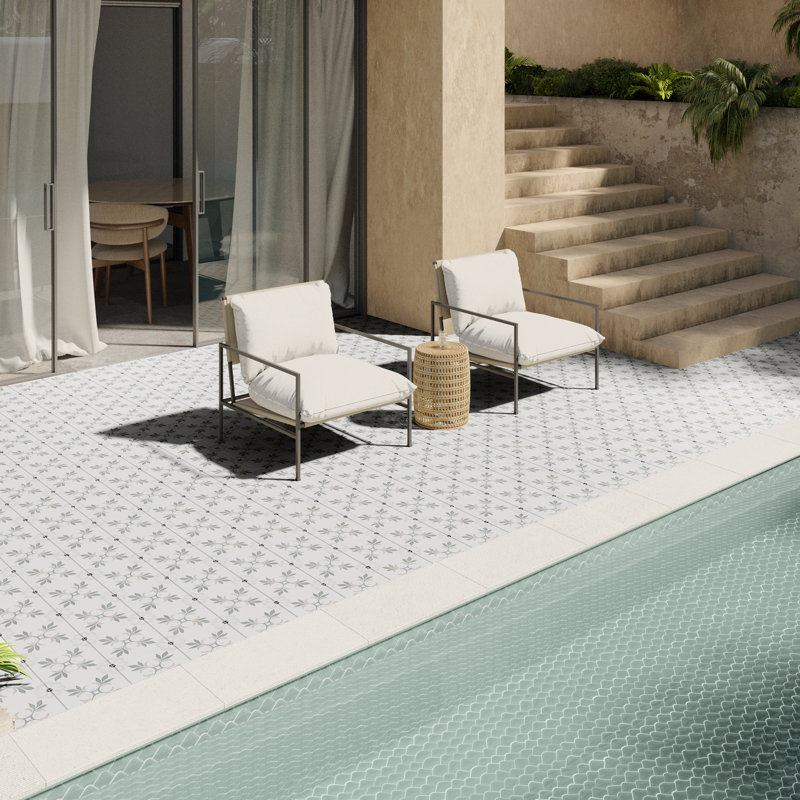Carreau de porcelaine mat 8,77 po x 8,77 po Plumeria, Vert fleur / gris