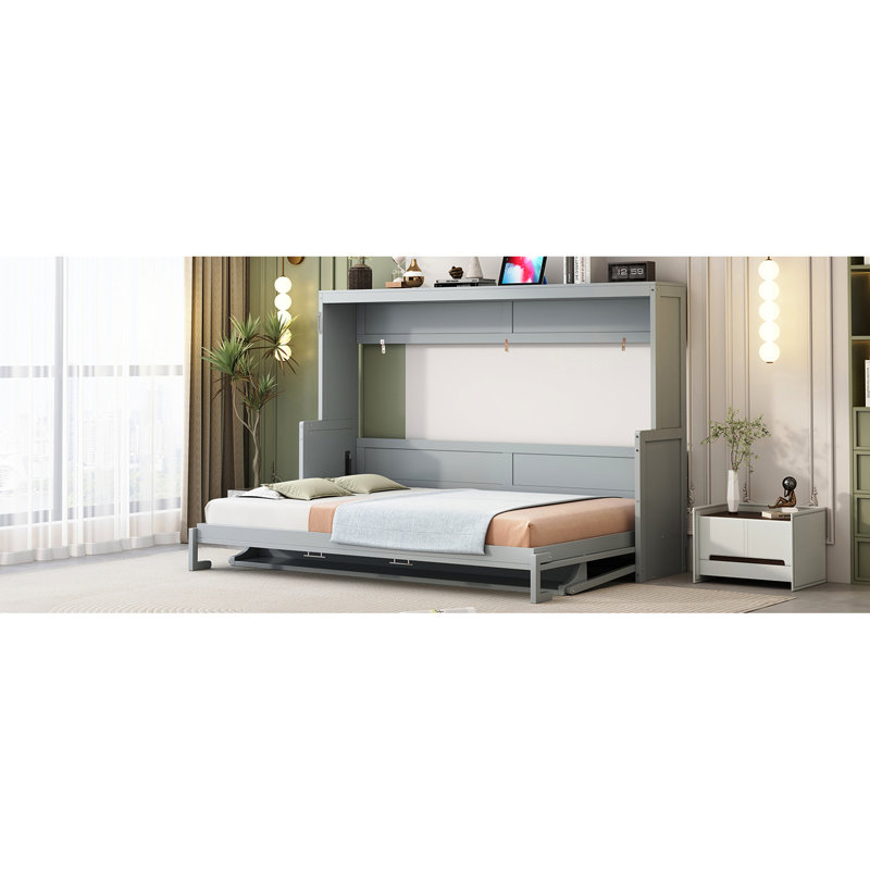 Grand lit mural gris avec système de levage et de bureau hydraulique, peu encombrant pour les zones multifonctionnelles, supporte 600 lb, espace de rangement pour matelas, taille et pièces idéales de 10 pouces, cadre, rangement intégré,