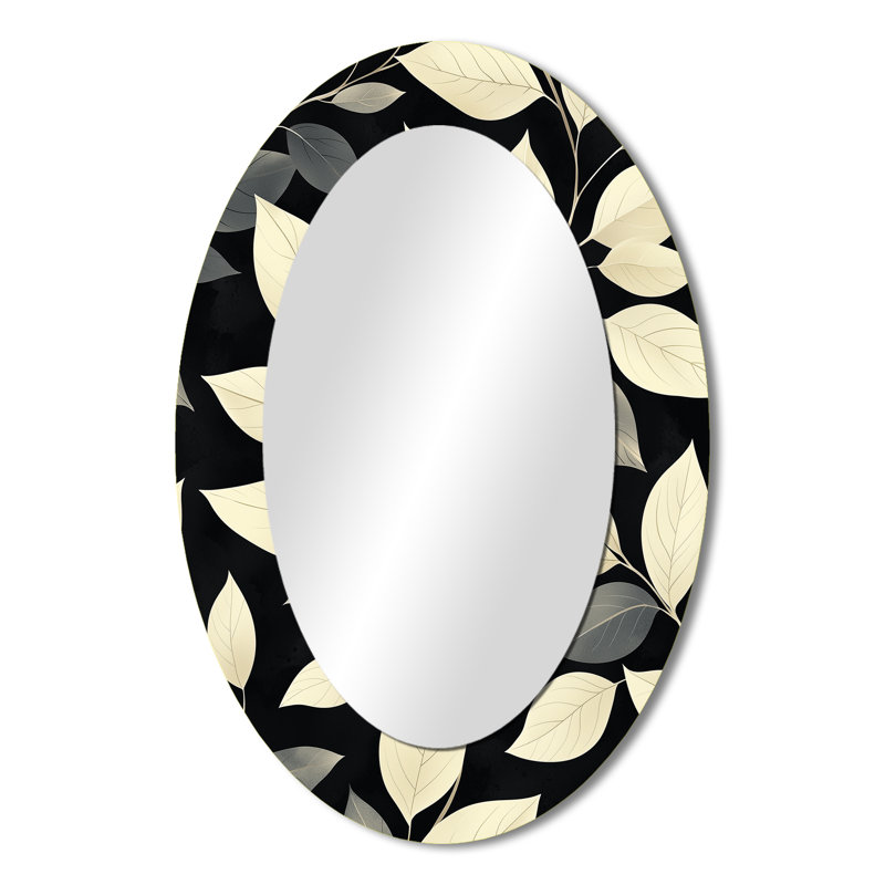 Miroir mural noir à motif de feuilles beige doux - brise ovale noire, 36 po x 24 po