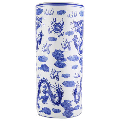 Porte-parapluie oriental en porcelaine avec dragon bleu et blanc