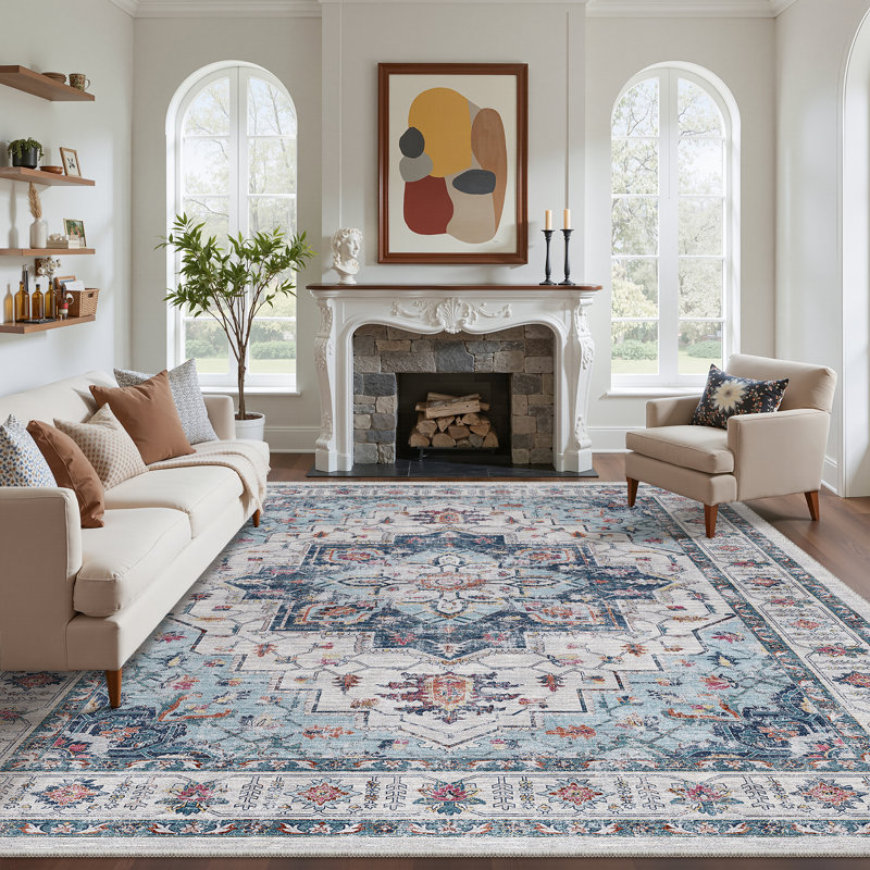 Tapis antidérapant Malila, Rectangulaire 8 pi x 10 pi, Bleu