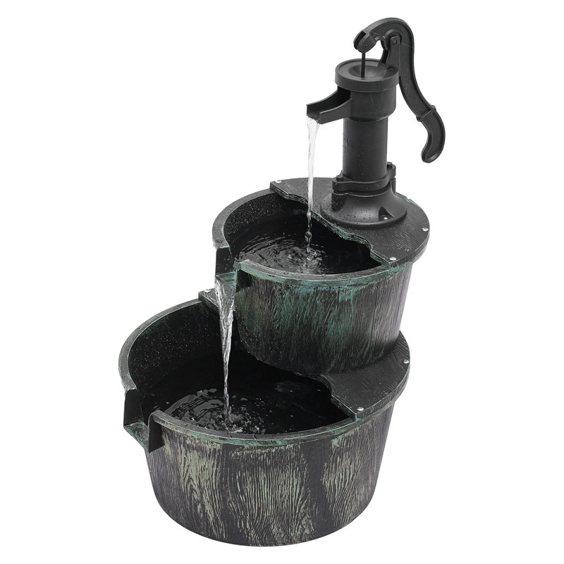 Jackielynn 27" Barrel and Pump Fountain Outdoor, Cascading Waterfall Fountain with Recirculating Pump, Green/Black