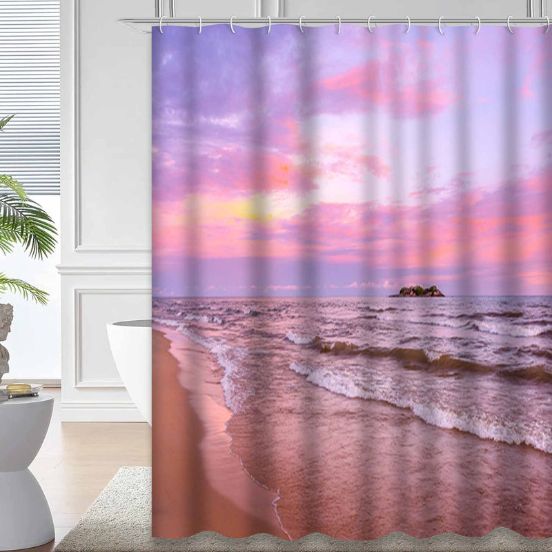 Pink Sunset Lake Beach Sea Sand Sky Shower Curtain with 12 Hooks, 72" L x 78" W