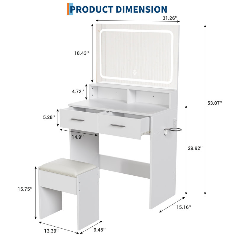Vanity Set With 3-Color Adjustable LED Mirror And Power Outlet, White