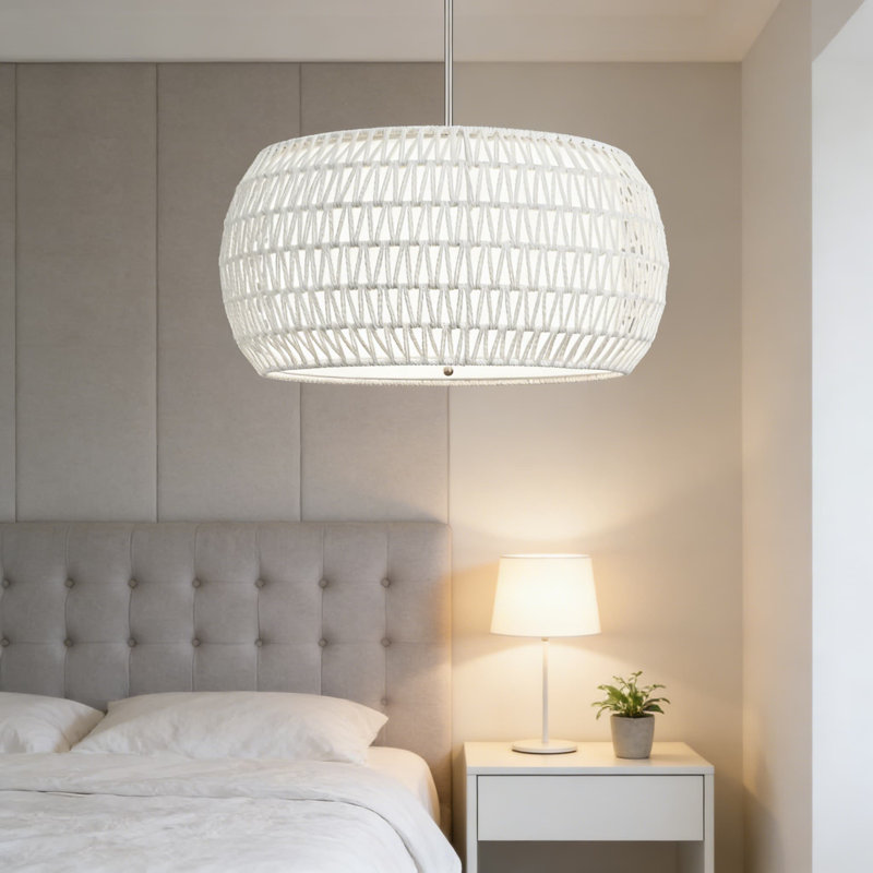 Lustre en rotin 5 lumières avec abat-jour en tissu, luminaire suspendu Boho Farmhouse tissé à la main pour la cuisine, la salle à manger et le salon
