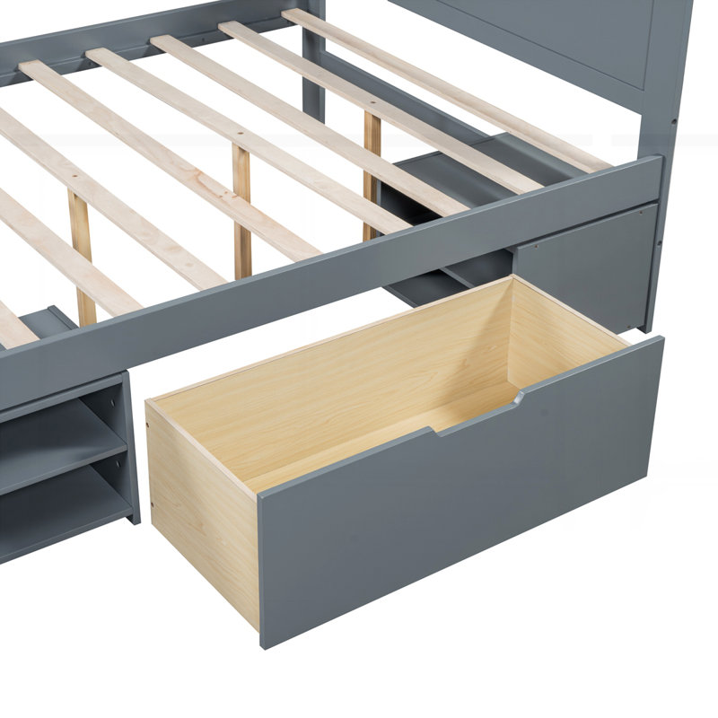 Lit plateforme avec tiroir et deux tablettes, gris
