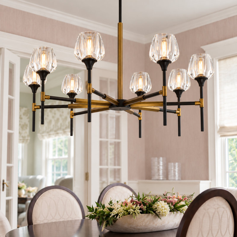 42" 6-Light Linear Crystal Chandelier in Bronze & Brass for Dining Room & Kitchen Island, 20" H × 38" W, 8
