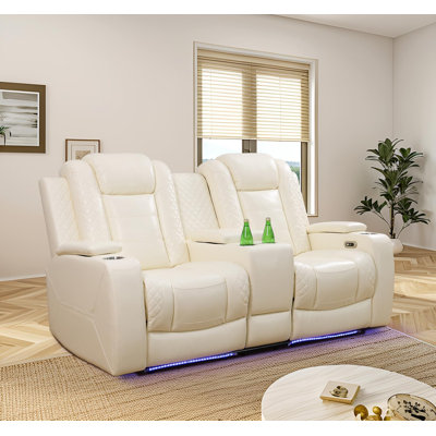 72" Breathing Leather Living Room Loveseat With Storage Armrest And Blue LED Lights