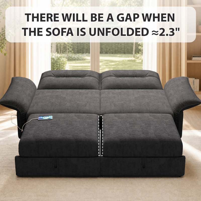 Canapé-lit 85 po multifonctionnel en chenille 85 po avec ports de charge USB, Gray