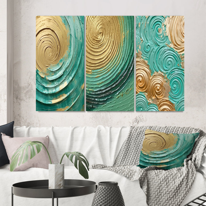«Teal Gold surreal spirals», 3 pièces sur toile, Toile tendue, H 32 po x l 48 po