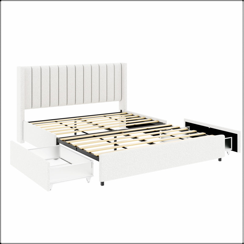 Patented  Patented 2-Drawers Storage Bed Queen Size Ivory Boucle Upholstered Platform Bed, Tufted Headboard,No Box Spring Needed