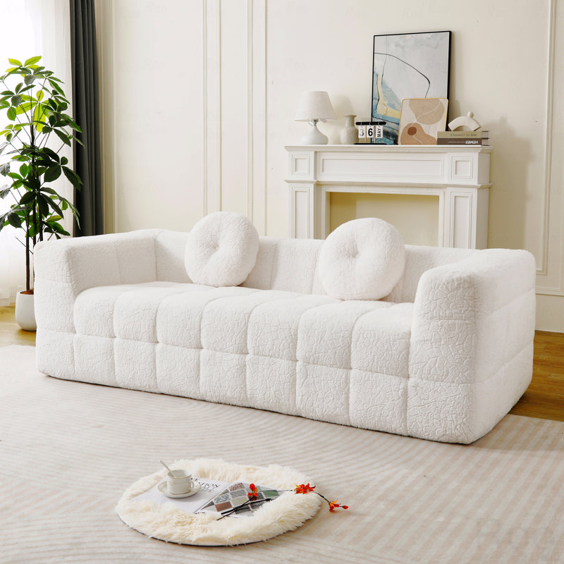 Canapé Boneless, canapé moderne sans os de 84,6 po avec deux coussins décoratifs circulaires, tissu en polyester à poils longs texturé litchi doux pour la peau, canapé en mousse à carreaux à trois places