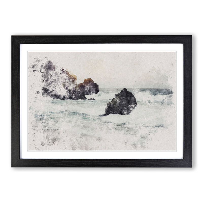 Beach Seascape Watercolour - Picture Frame Graphic Art, 65cm H x 90cm W x 2cm D, Black