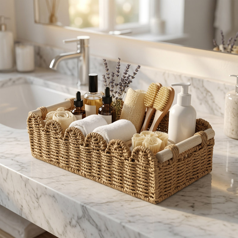 Paper Rope Storage Basket Set of 2 with Wooden Handles, Scalloped Woven Organizer Baskets for Toilet Paper, Bathroom and Home Storage Decor, Beige