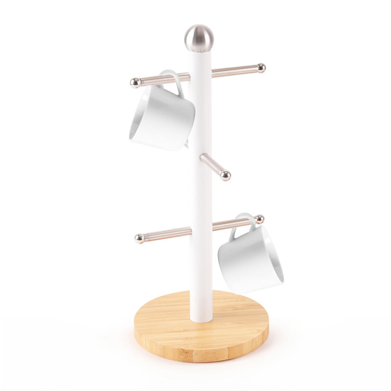 ROYALFORD Mug Holder with 6 Hooks, Metal Coffee Cup Holder with Bamboo Base Mug Tree, Coffee Mug Holder Stand, Storage Organizer Display Stand, Counter Cup Holder, Kitchen Storage Rack