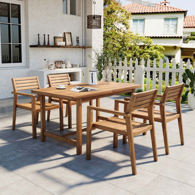5-Piece Outdoor Acacia Wood Outdoor Dining Set Of 4,59.06-Inch Rectangular Table With Umbrella Hole,Suitable For Patio, Lawn, Garden, Poolside, & Indoor Use