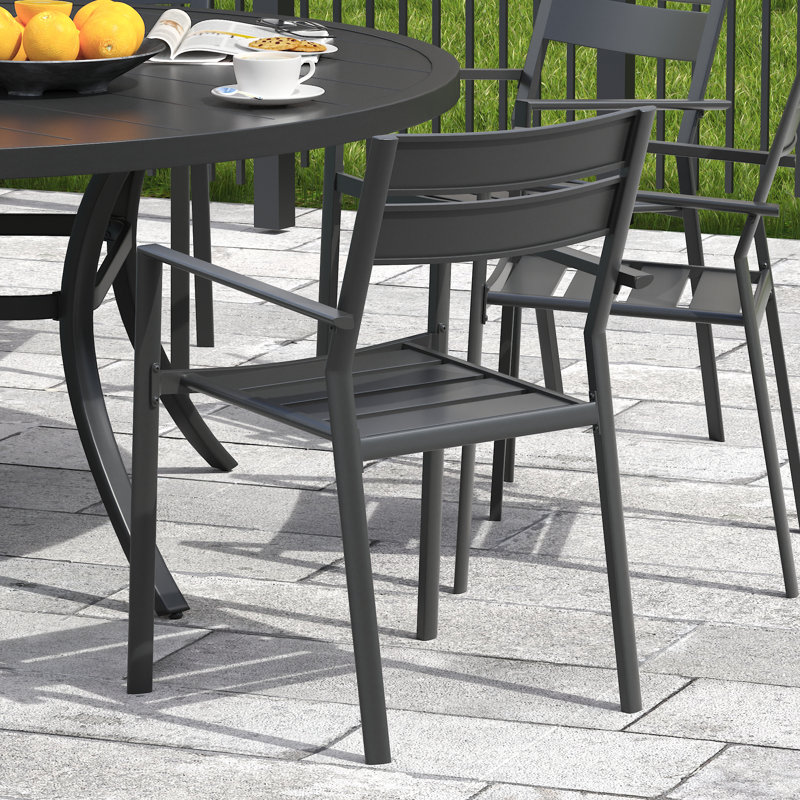 8 - Person Round Outdoor Dining Set With Metal Armrest Chairs, Black