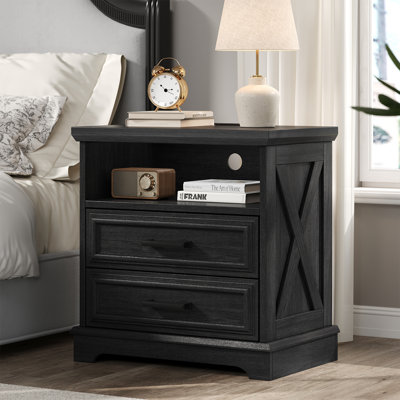 24 Inch Wide Farmhouse Nightstands With Charging Station, Dark Grey Nightstand With 2 Large Drawers, Rustic Wood End Table For Bedroom