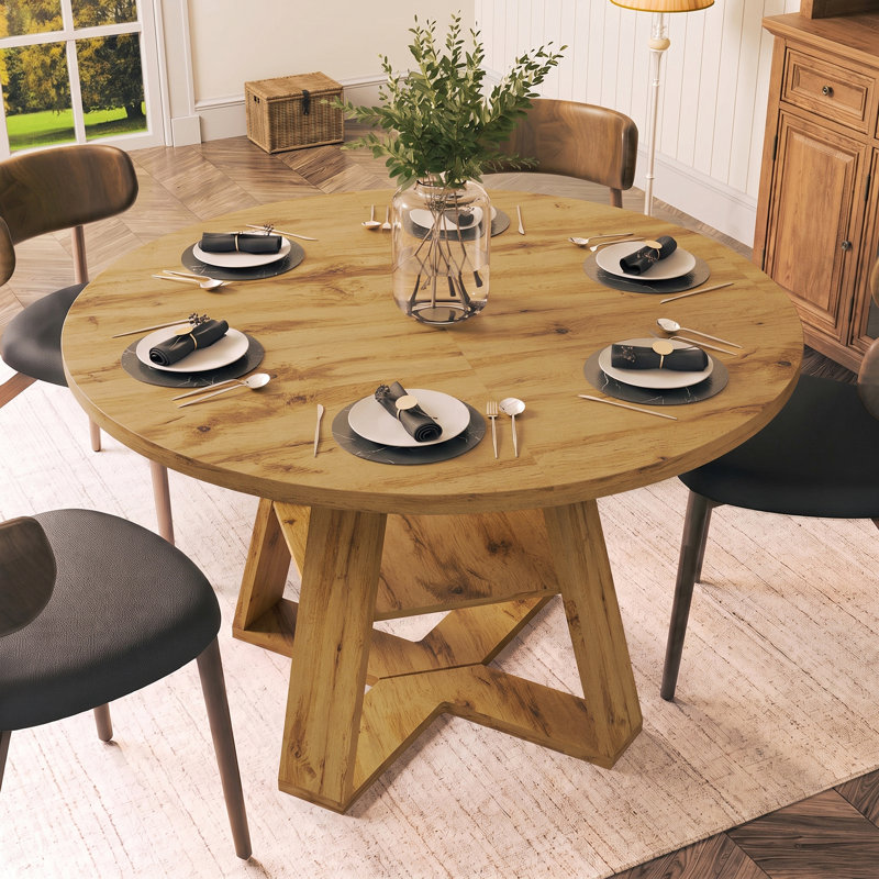 Table de salle à manger ronde extensible de 43,3" à 60" avec rangement dissimulé et piètement en croix, pour 4 à 6 personnes