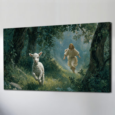 «Elegant Jesus», art mural sur toile - «Jesus and Lamb Christian», décoration murale pour la maison, photos d'art sérénité et œuvre d'art encadrée pour le salon, reproduction encadrée en pin de qualité supérieure, 12 po x 24 po