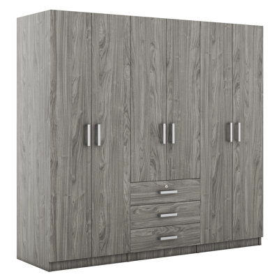 6-Door Wooden Bedroom Wardrobe with Large Drawers, Free-Standing Storage Cabinet, Gray