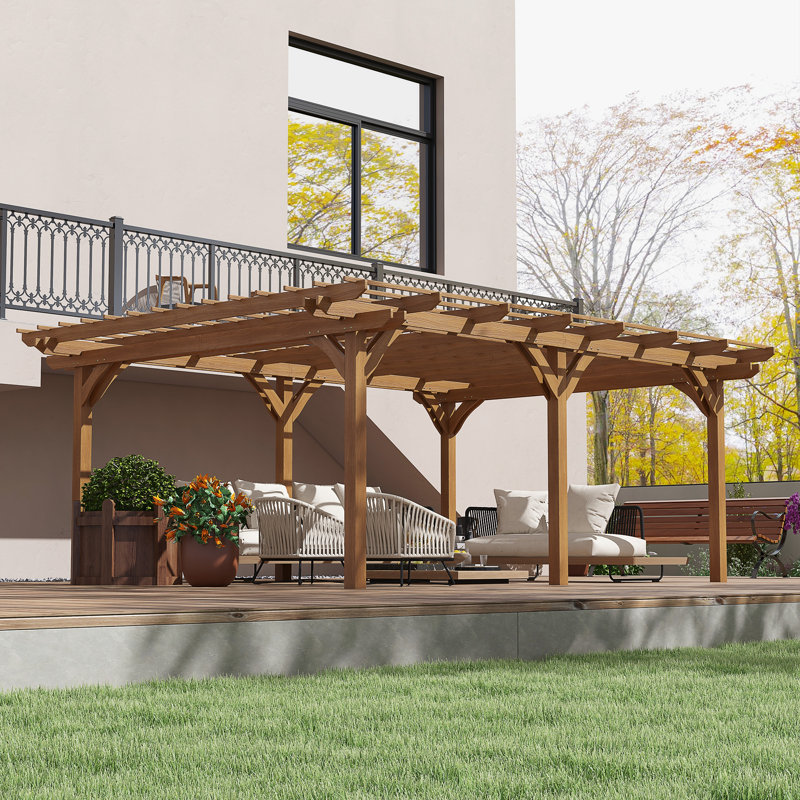 Pergola d'extérieur 12 pi x 16 pi, treillis de jardin en bois avec structure stable pour supporter les plantes grimpantes, jardin, patio, cour, terrasse, brun