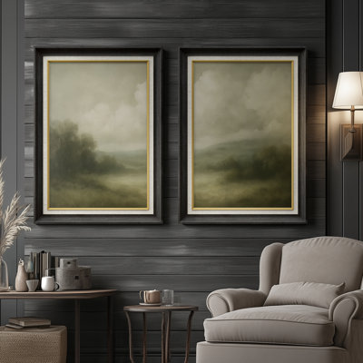 «Misty Meadow Landscape Subtle Serenity», ensemble de 2 reproductions d'art mural encadrées de qualité supérieure sur papier 26 po x 36 po