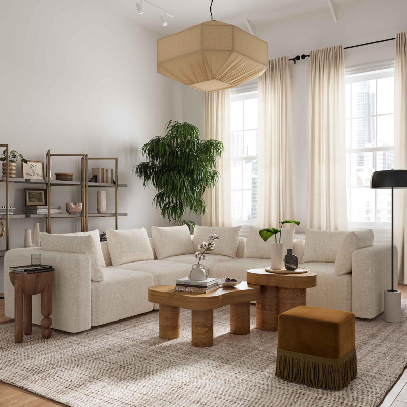 Canapé modulaire en L 5 pièces Tov Furniture, Tissu texturé crème, Bois naturel