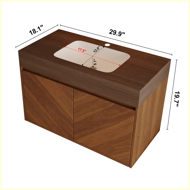 Meuble-lavabo mural moderne 30 po avec lavabo en céramique, finition chêne brun et portes à fermeture en douceur