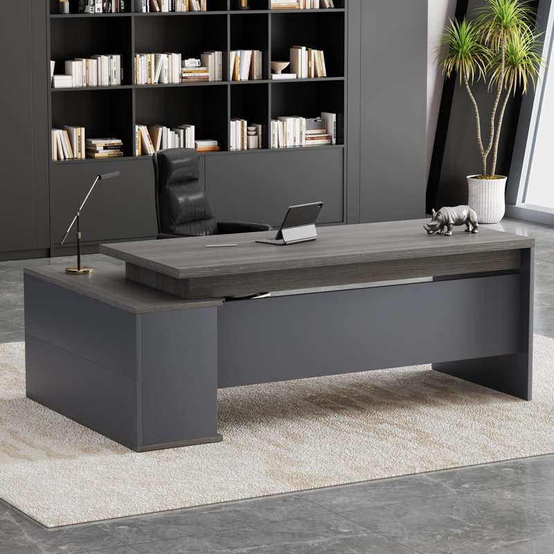 Bureau de direction luxueux et ergonomique avec design en L personnalisable et nombreuses solutions de rangement, Gris / Gris