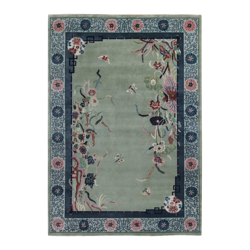 Rug & Kilim’S Chinese Art Deco Rug In Green With Blue Floral Patterns, Rectangle 12' x 15'
